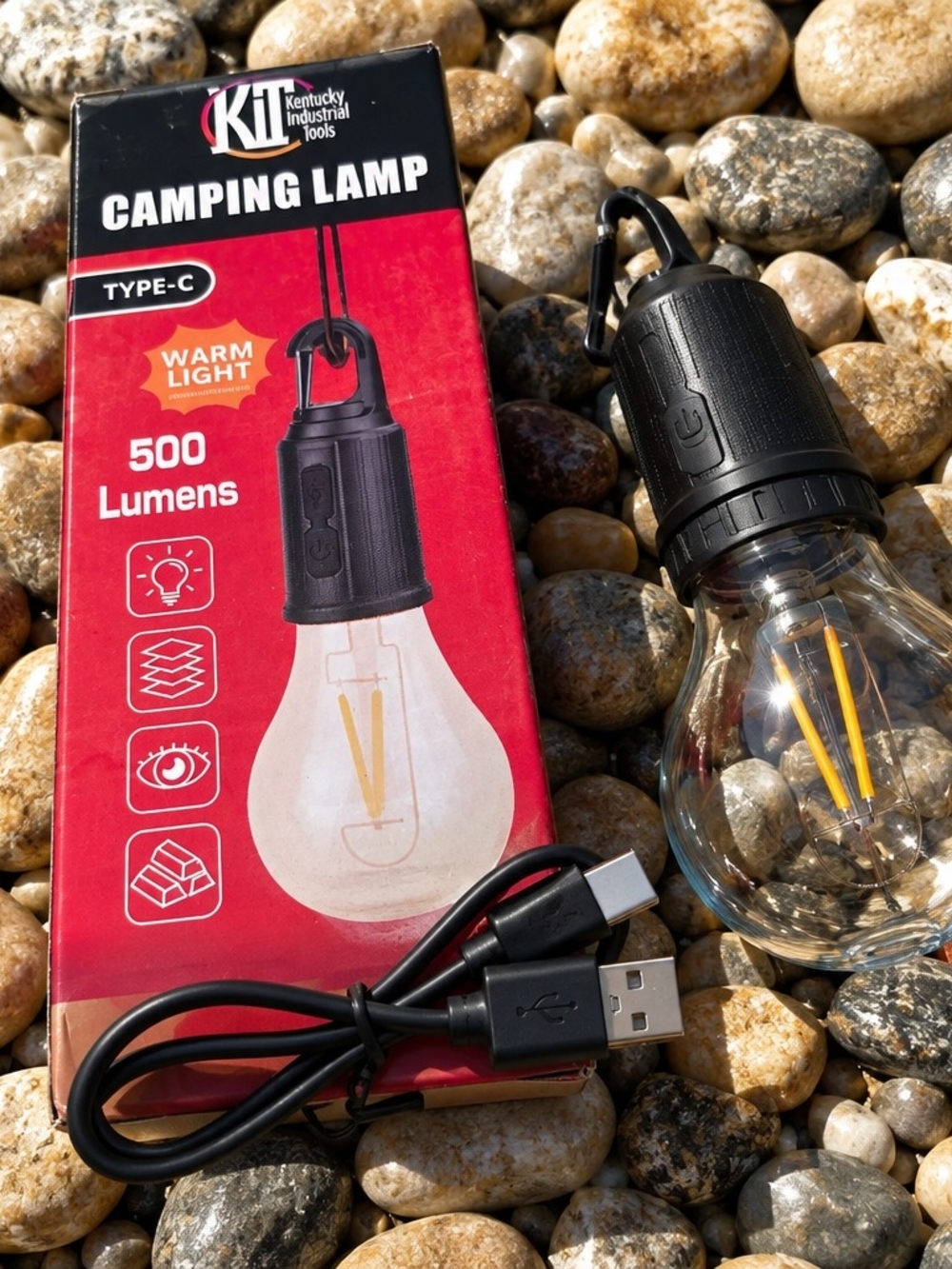 Black -Type-C Rechargeable Camping Lamp - 500 Lumens, Warm Light -3 Level Lite